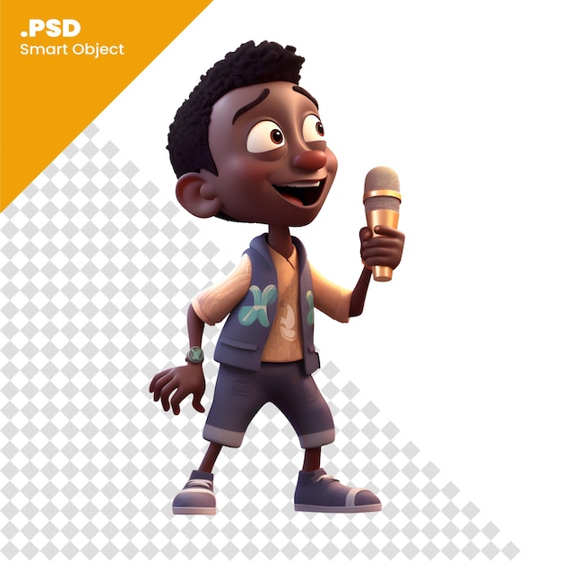 Render 3d de una plantilla psd de un niño afroamericano con un micrófono