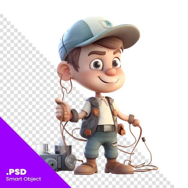 PSD render 3d de una plantilla psd de un niño pequeño con cámara y walkie talkie