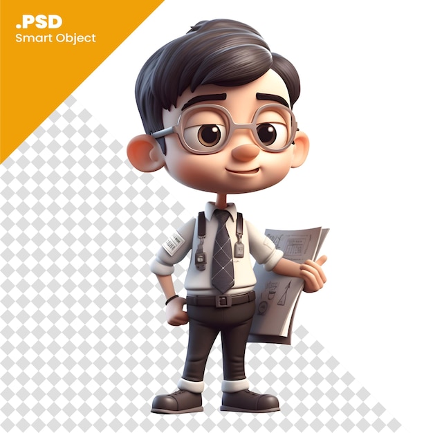 Render 3d de una plantilla psd de un niño pequeño con un documento en la mano