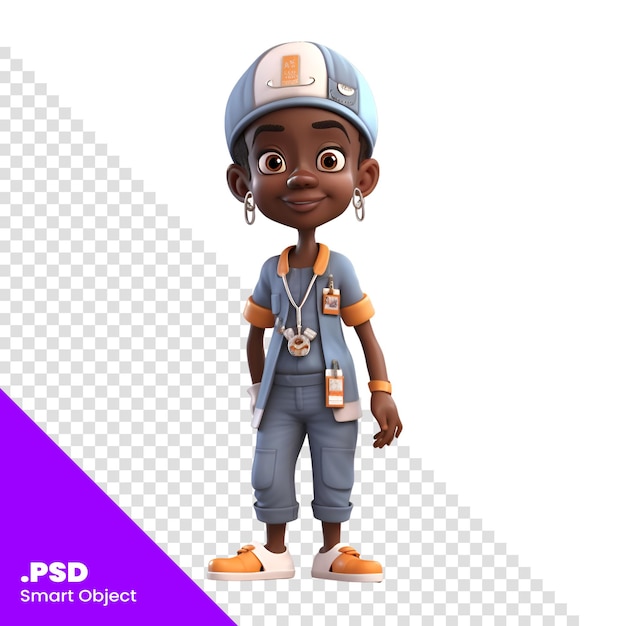 Render 3D de una plantilla PSD de un niño pequeño con una gorra y un mono