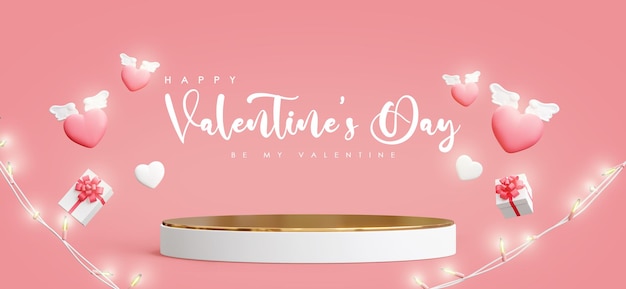 Render 3d de podio rosa y decoración con el concepto de feliz día de san valentín.