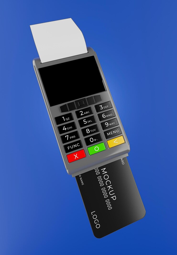 PSD render 3d del proceso de pago operativo del lector de tarjetas de crédito con maqueta de compras