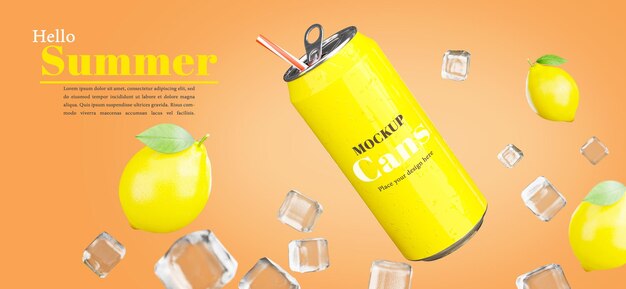 Render 3d de refresco energético o latas con limón para productos de verano