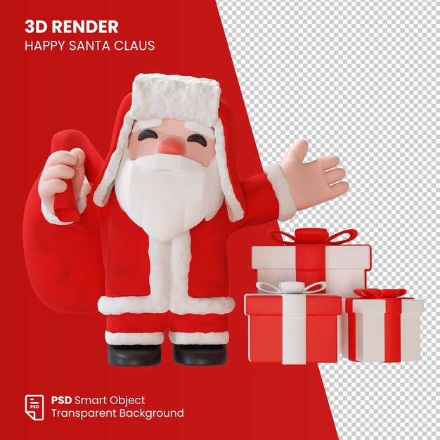 PSD render 3d de santa claus con una bolsa y cajas de regalo