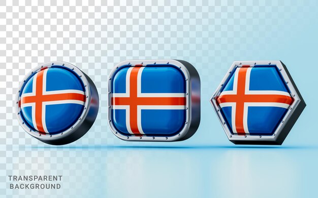Render 3d Señales de bandera de ISLANDIA en tres formas diferentes marco círculo cuadrado y hexágono