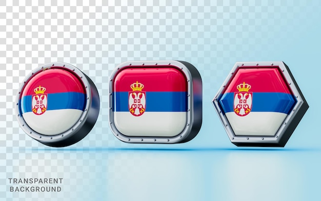 PSD render 3d señales de bandera de serbia en tres formas diferentes marco círculo cuadrado y hexágono