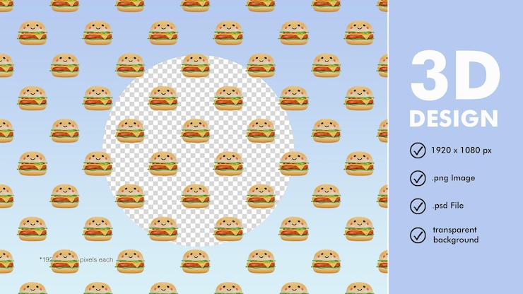 PSD render 3d senza cuciture del personaggio carino burger sfondo trasparente