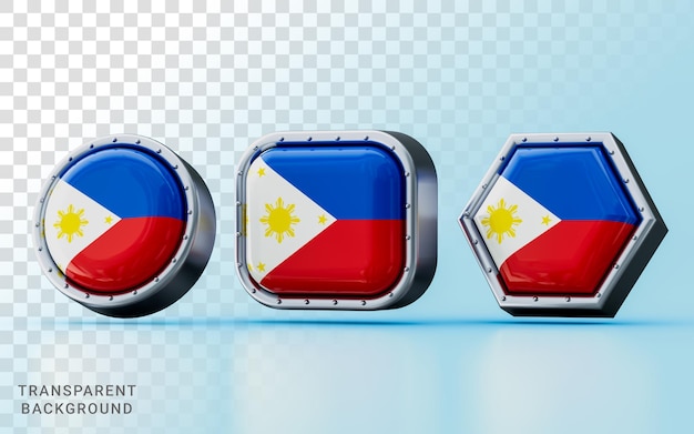 Render 3d signos de bandera de filipinas en tres formas diferentes marco círculo cuadrado y hexágono