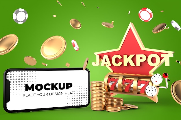 Render 3D de smartphone con jackpot 777 en concepto de juego de máquina tragamonedas de casino