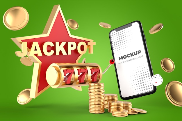 Render 3d de smartphone con jackpot 777 en concepto de juego de máquina tragamonedas de casino