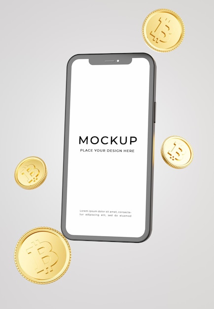 Render 3D de smartphone con maqueta de bitcoins