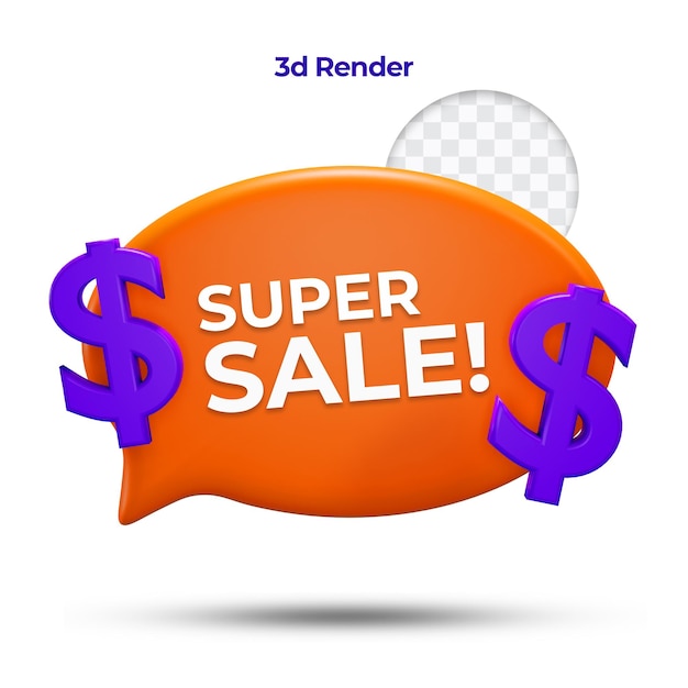 Render 3d de super venta con bocadillo e icono de dólar