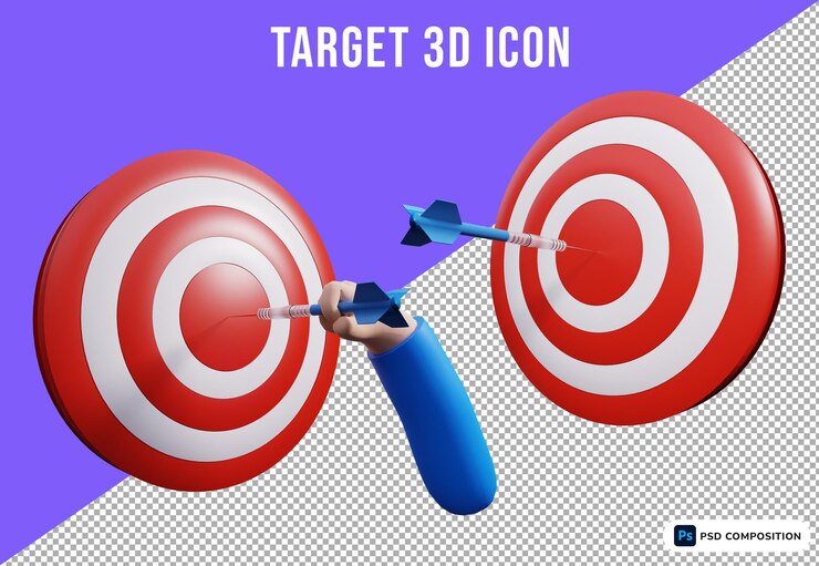 Render 3D target papan panah dengan latar belakang transparan