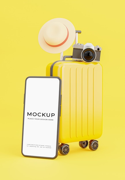Render 3d de teléfono inteligente con diseño de maqueta de concepto de turismo