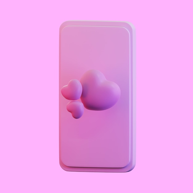 Render 3D de teléfono móvil con elementos de corazón y amor.