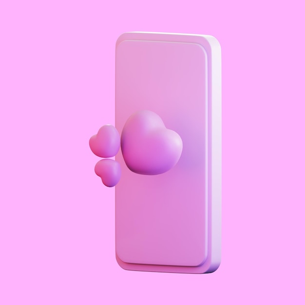 Render 3D de teléfono móvil con elementos de corazón y amor.