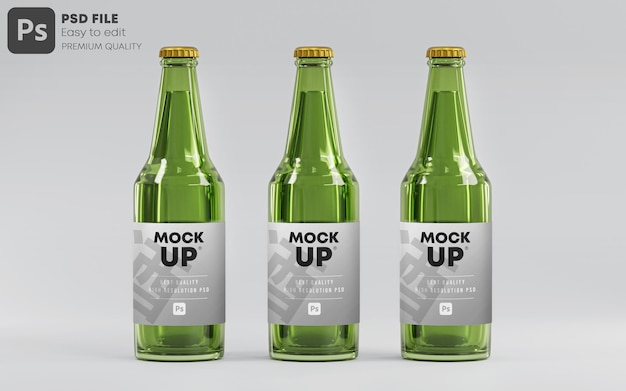 Render 3D vuoto del modello di mockup di tre bottiglie di birra in vetro verde