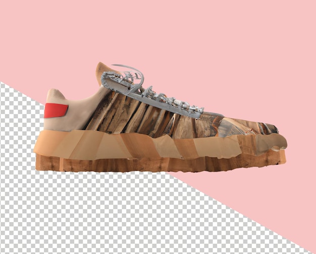 PSD render 3d de zapatillas hechas con diferentes piezas de madera.