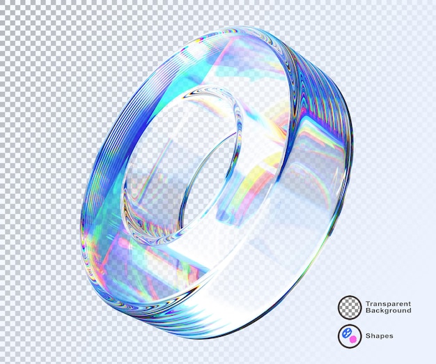 Render cincin kaca holografik cahaya kristal 3D ikon terisolasi Lingkaran transparan abstrak sosok geometris dengan dispersi gradien pelangi pembiasan prisma pada latar belakang biru
