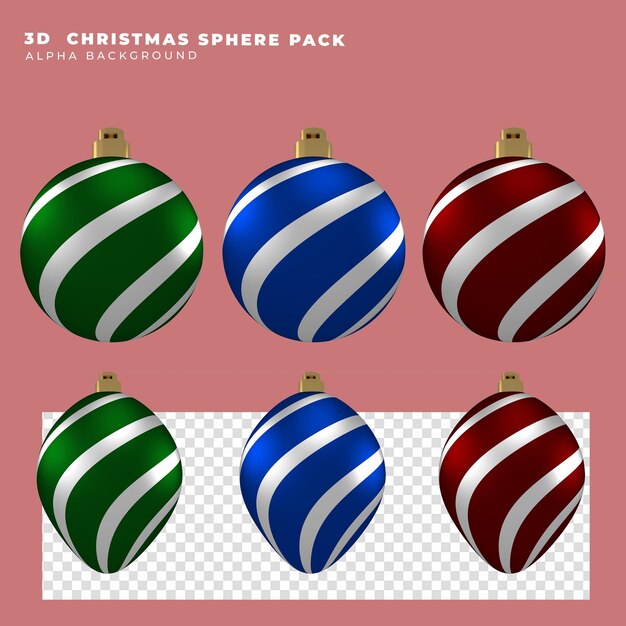 Render de esferas navideñas en 3D de líneas azules, rojas y verdes