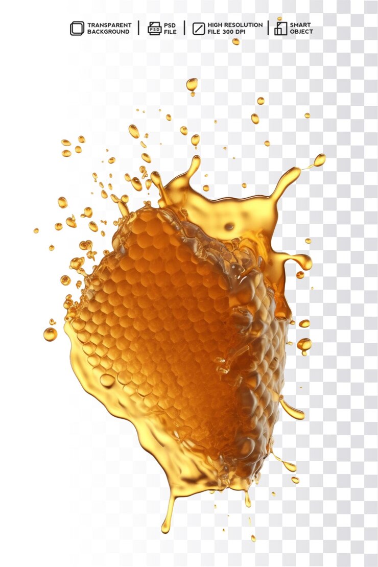 PSD render honeycomb con miel y miel sobre un fondo transparente