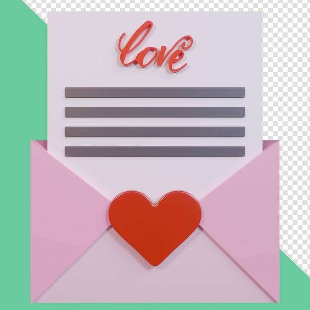 PSD render de icono 3d de carta amor