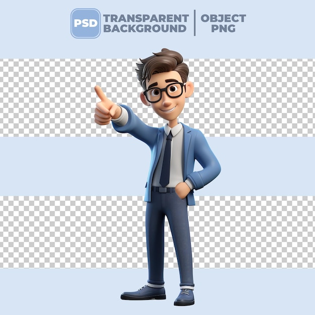 Render d'un jeune homme d'affaires avec le doigt pointé vers le haut sur un fond transparent PNG