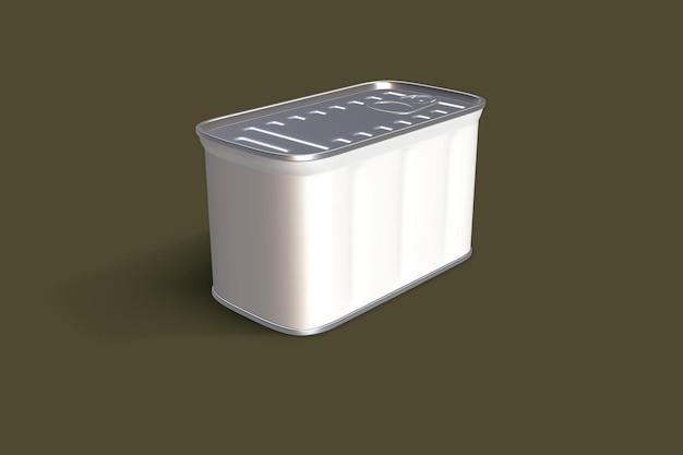 Render realistico in 3D di una lattina di cibo in metallo su uno sfondo scuro