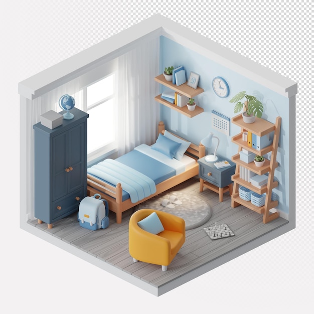 Renderage 3D Cozy Blue Isométrique Chambre à coucher pour garçons