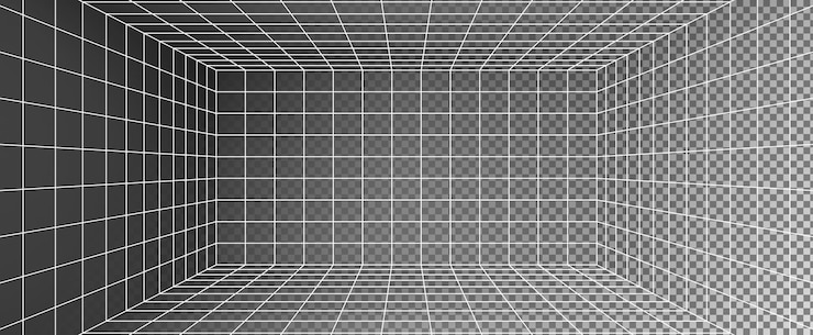 PSD renderage 3d de la pièce à base de fil blanc sur fond noir perspective de grille laser futuriste retro sci fi matrice de ligne intérieur des motifs géométriques abstraits en maille carrée espace numérique virtuel