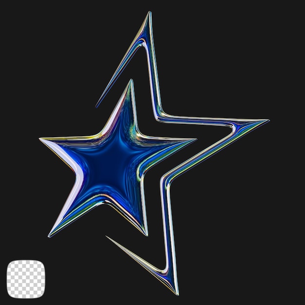 Rendering 3D a forma di stella metallica y2k su sfondo trasparente