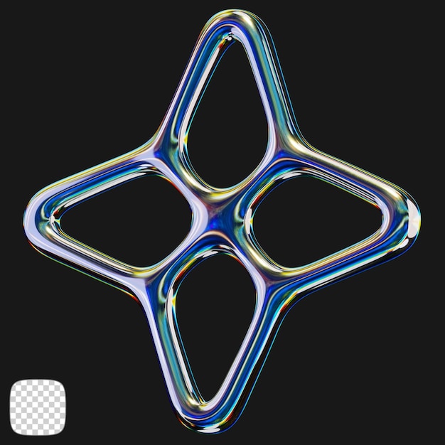 Rendering 3D a forma di stella metallica y2k su sfondo trasparente