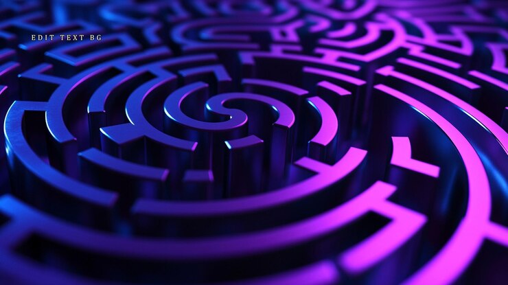 PSD rendering 3d abstracto de un complejo laberinto circular con iluminación de neón púrpura y azul