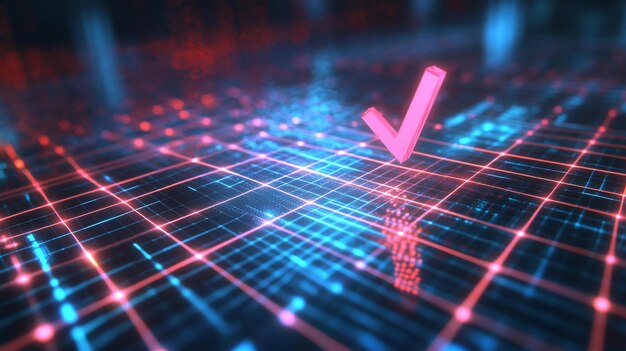 Rendering 3D abstracto de una marca de comprobación rosa en una cuadrícula digital brillante que simboliza el éxito o la finalización de la aprobación en un contexto tecnológico