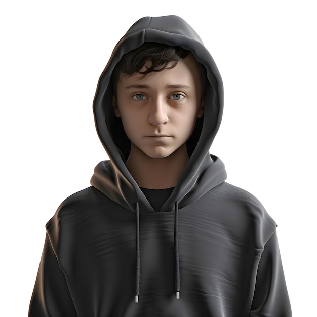 PSD rendering 3d d'un adolescent dans une capuche isolé sur fond blanc