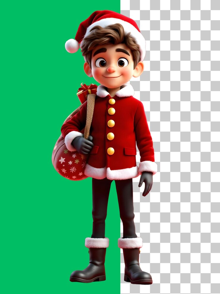PSD rendering 3d adorable d'un garçon déguisé en père noël portant des cadeaux de joie de noël