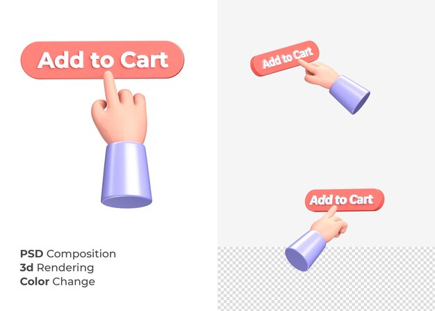 Rendering 3D aggiungi al carrello pulsante cta con il concetto di mano