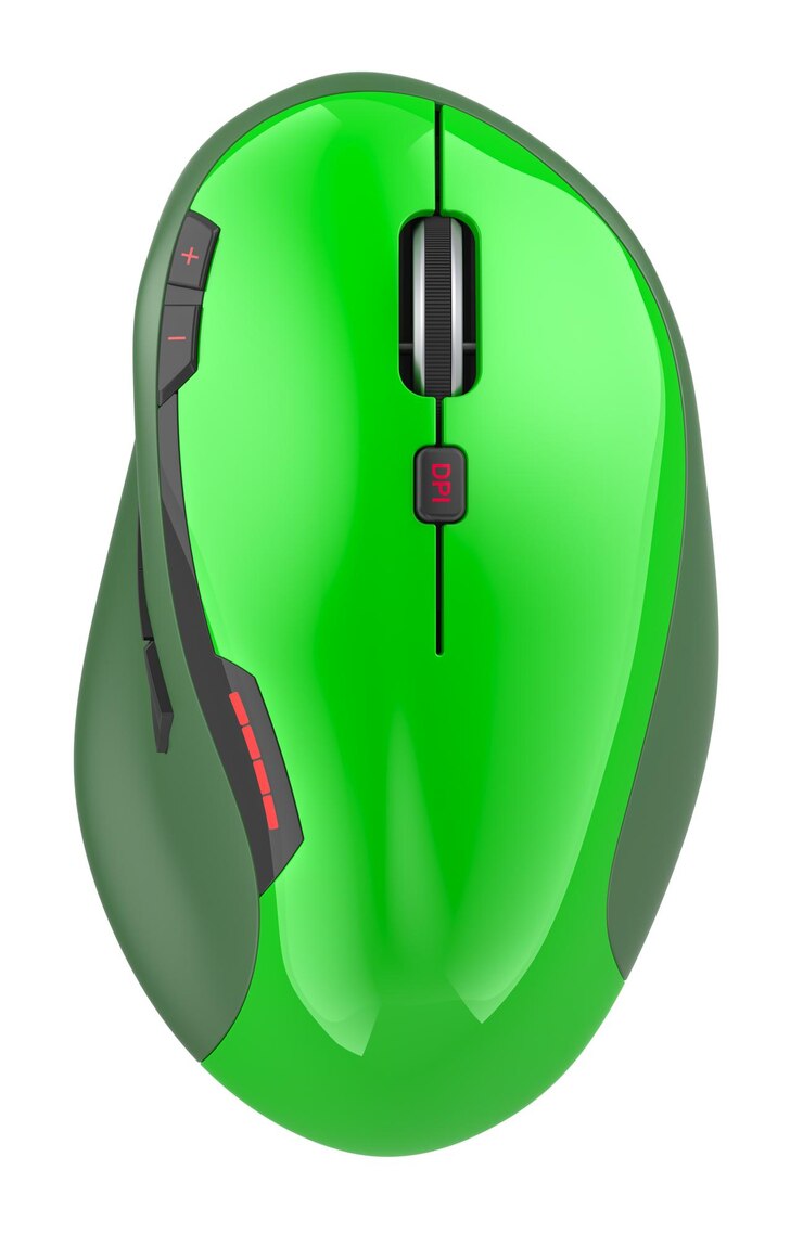 PSD rendering 3d aislado en un fondo transparente en la vista superior del ratón de computadora inalámbrico verde