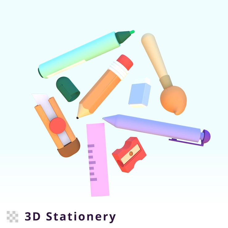 PSD rendering 3d alat tulis ilustrasi