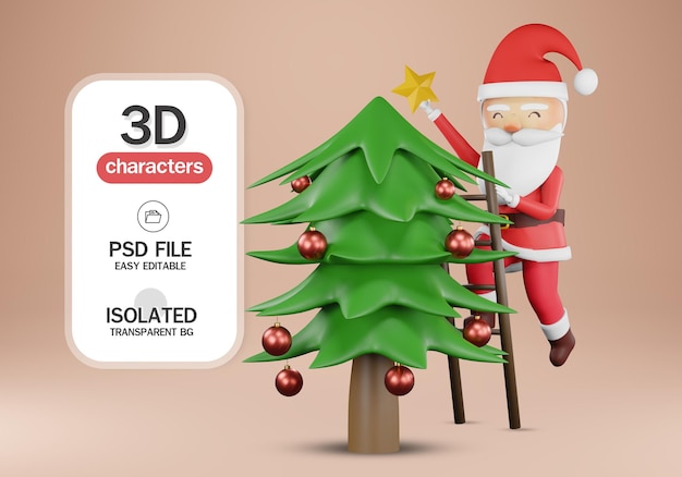 rendering 3d. Albero di Natale decorato con gnomi di Babbo Natale che si arrampicano su tutto l'albero. Buon Cristo