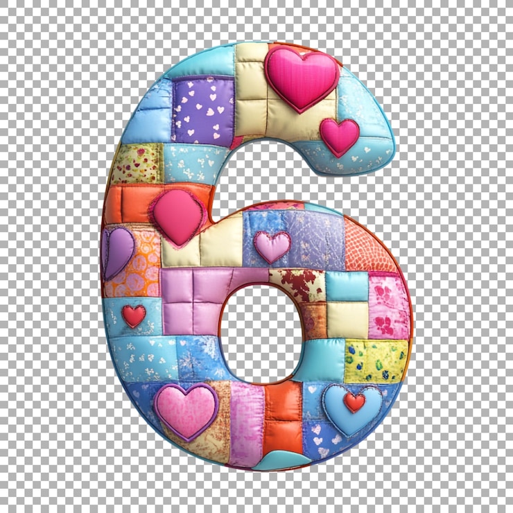PSD rendering 3d d'un alphabet numéro 6 réalisé avec heart patchwork sur fond transparent