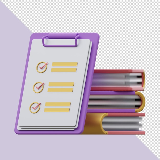 Rendering 3D Appunti viola e gialli con una lista di controllo e pile di libri