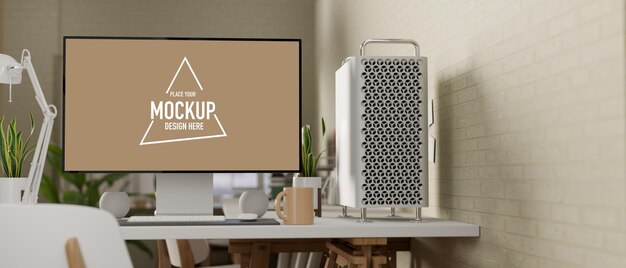 Rendering 3D, area di lavoro confortevole con forniture di computer e decorazioni in ufficio a casa