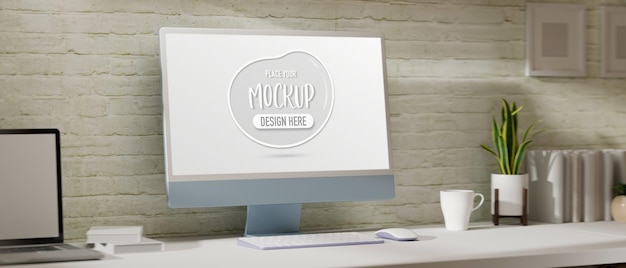 Rendering 3D area di lavoro confortevole con mockup del computer