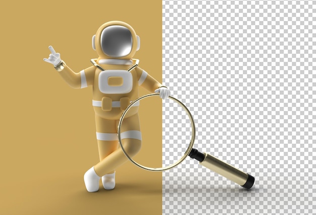 Rendering 3D Astronauta che tiene la lente d'ingrandimento