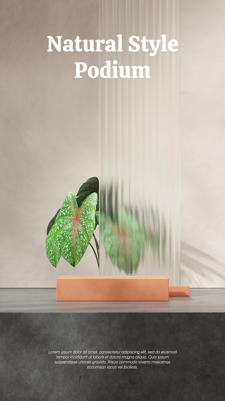 PSD rendering 3d en blanco maqueta de terracota podio rectángulo en el suelo de hormigón retrato y caladio