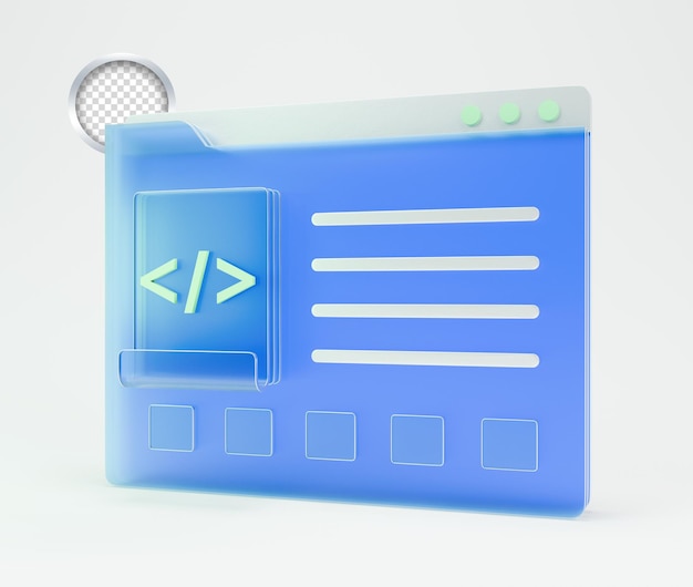 Rendering 3D bleu d'une icône d'interface de codage de développement Web