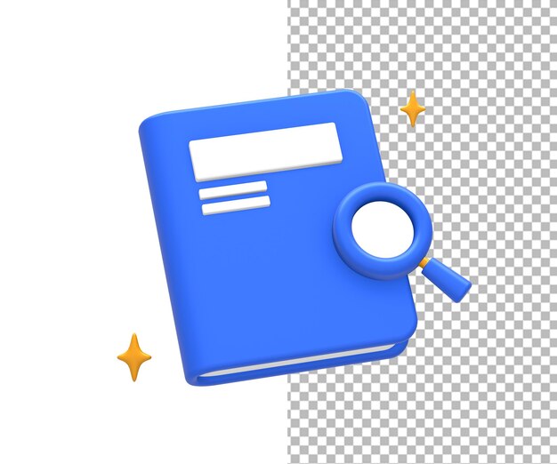 PSD rendering 3d de bleu jaune à la recherche ou à la recherche d'informations en ligne avec un livre et une loupe