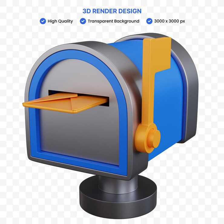 PSD rendering 3d blu cassetta postale con posta nascosta isolata