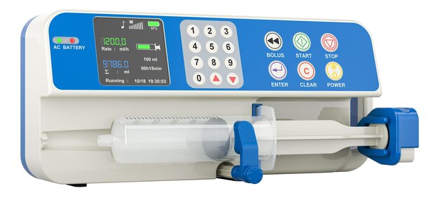 Rendering 3d de la bomba de infusión de jeringa aislada sobre un fondo transparente
